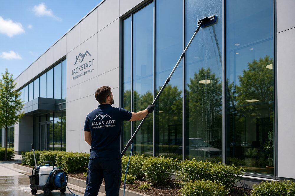 Fassadenreinigung München – professionelle Reinigung einer großen Glasfassade eines Gewerbeobjekts